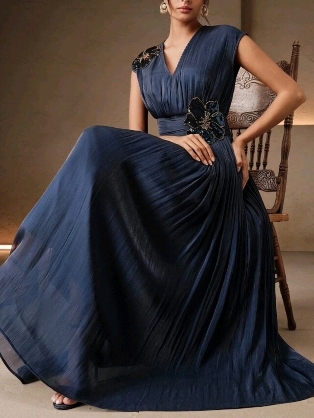 New Metallic Sequin Beaded 3D Flower Maxi Dress Ruched Waist Navy Blue - Picture 2 of 14